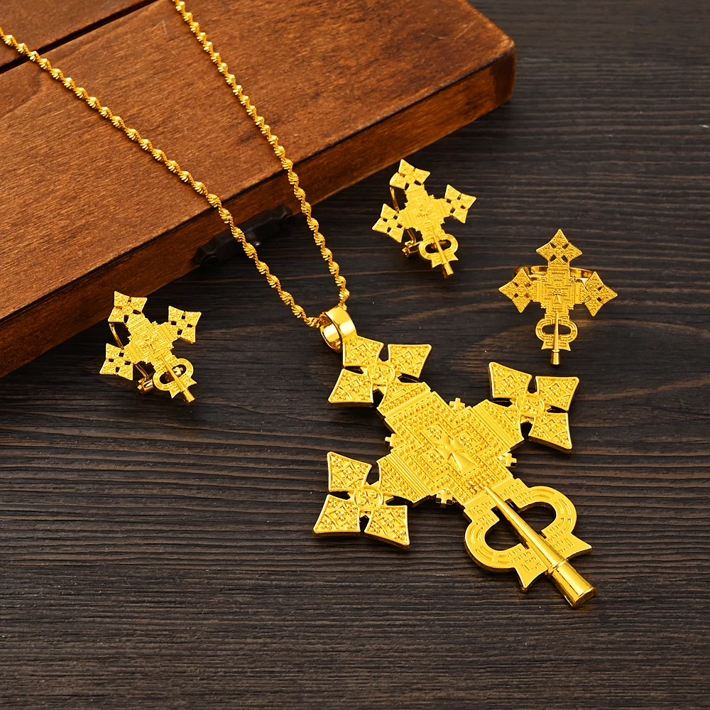 African Cross Necklace Earrings Ring Jewelry Sets Gold Color Ethiopian Eritrean Holiday Party Ornaments image 5