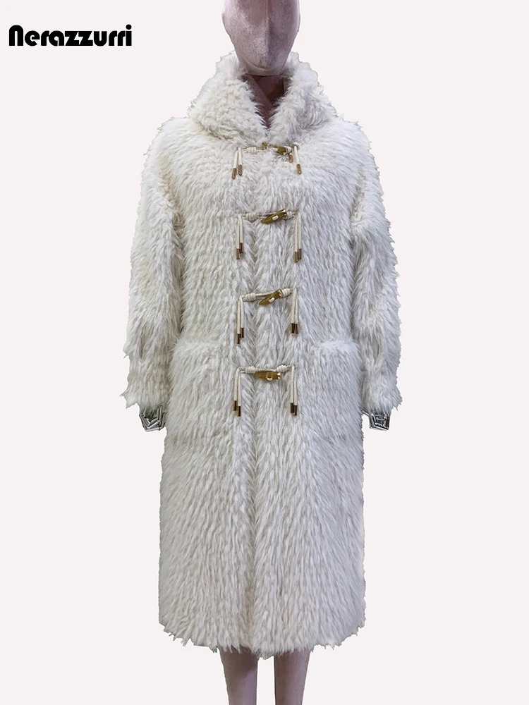 Nerazzurri Autumn Winter Long Fluffy Thick Warm Fuzzy Shaggy Soft Faux Fur Coat Women with Hood Horn Button Loose Furry Overcoat