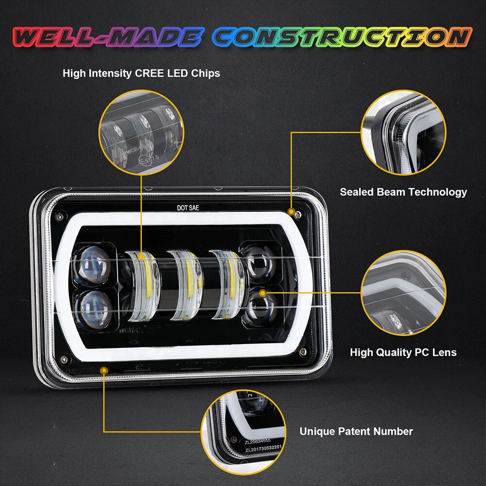New4x6inch Square LED Headlight Hi/Lo Beam RGB Halo DRL for Isuzu NQR NPR NPR-HD 4x6 LED Headlights Rectangular Headlamps Replac