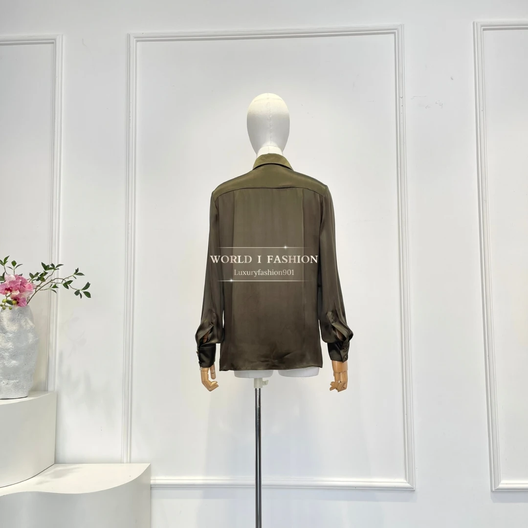 Langarm-Satin-Bluse, Tops, hohe Qualität, 2025, neue Mode, Rot, Braun
