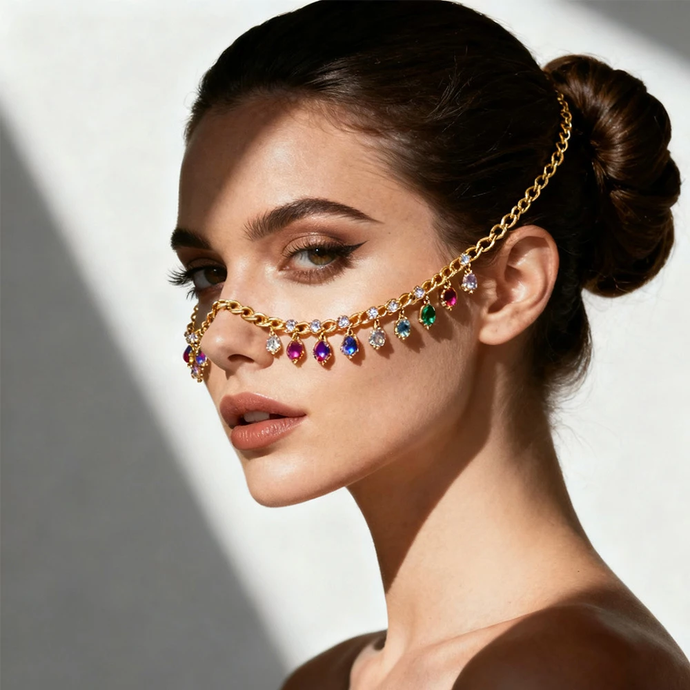 Fashion Colorful Rhinestone Face Chain Belly Dance Accessories Ethnic Glitters Carnival Feather Mask Chain Veil Party for Women