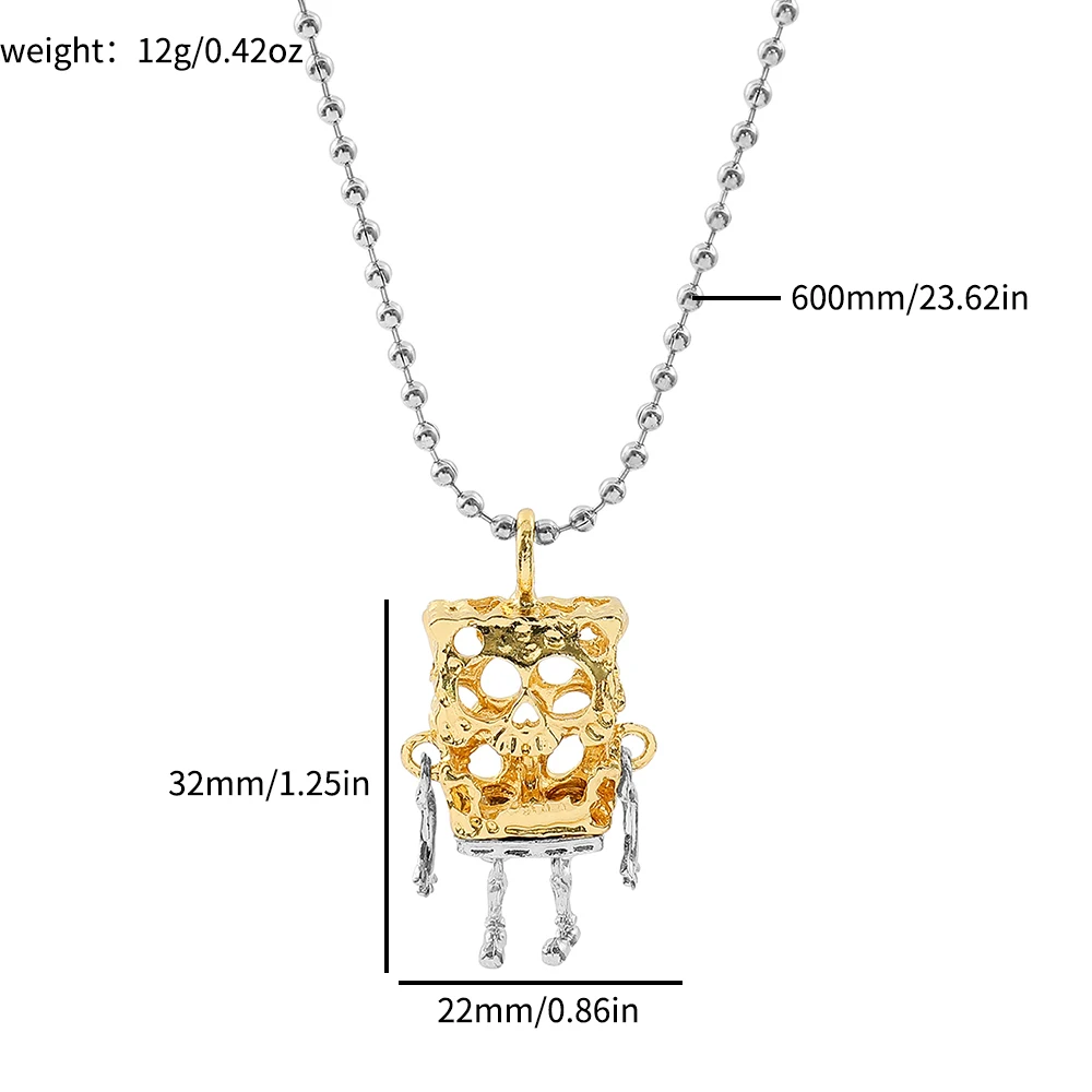 Cute SpongeBob SquarePants Skull Pendant Necklace Cartoon Personality Neck Chain Jewelry for Men Women Hip Hop Accessories