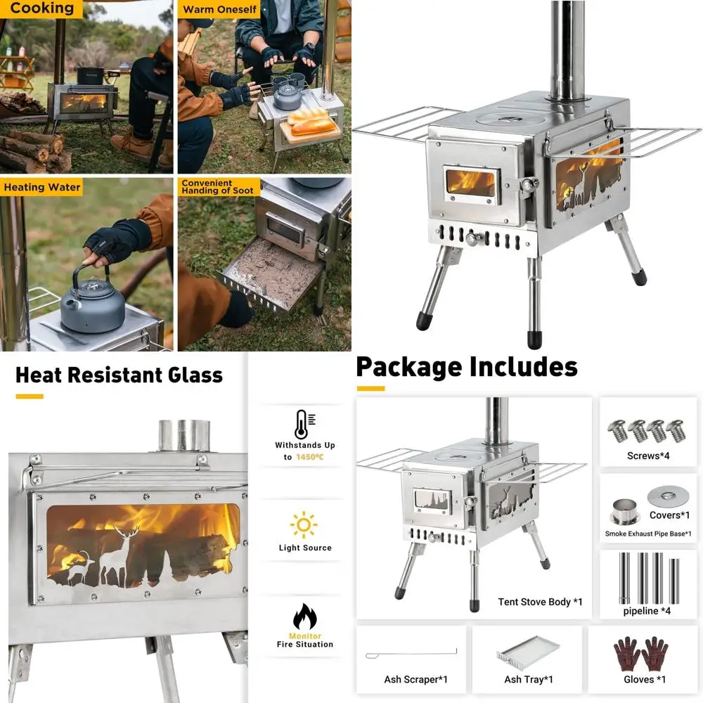 

Portable Tent Wood Stove with Chimney for Camping, Shelter Heating, and Cooking