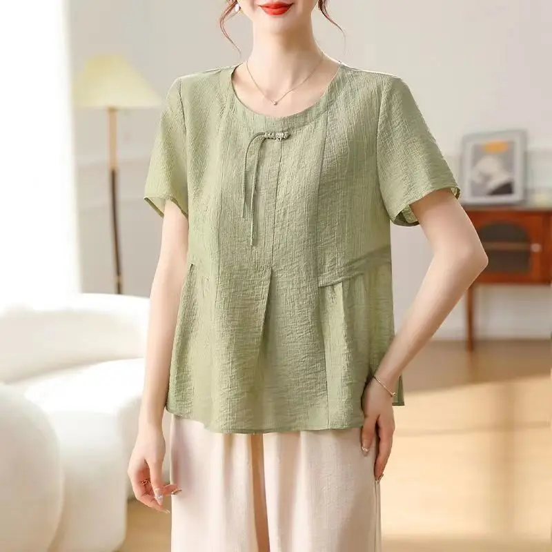 Fashion Chinese Style Summer New Women\'s O-Neck Solid Frog Pleated Temperament Casual Versatile Loose Short Sleeve T-Shirts Tops