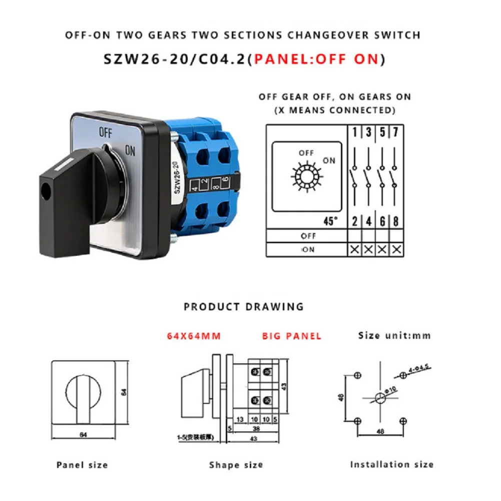 SZW26-20/C04.2 2 Pole Changeover Switch OFF ON Two Section for AC440V DC240V DC120V 20A Motor Control Applications