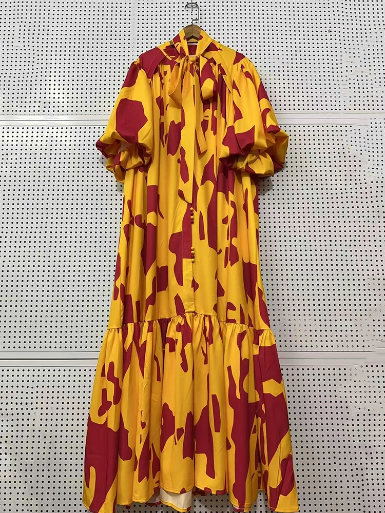 

Vintage geometric print stand collar single breasted belt waist long dress 2025 summer women's pleated loose puffy skirt