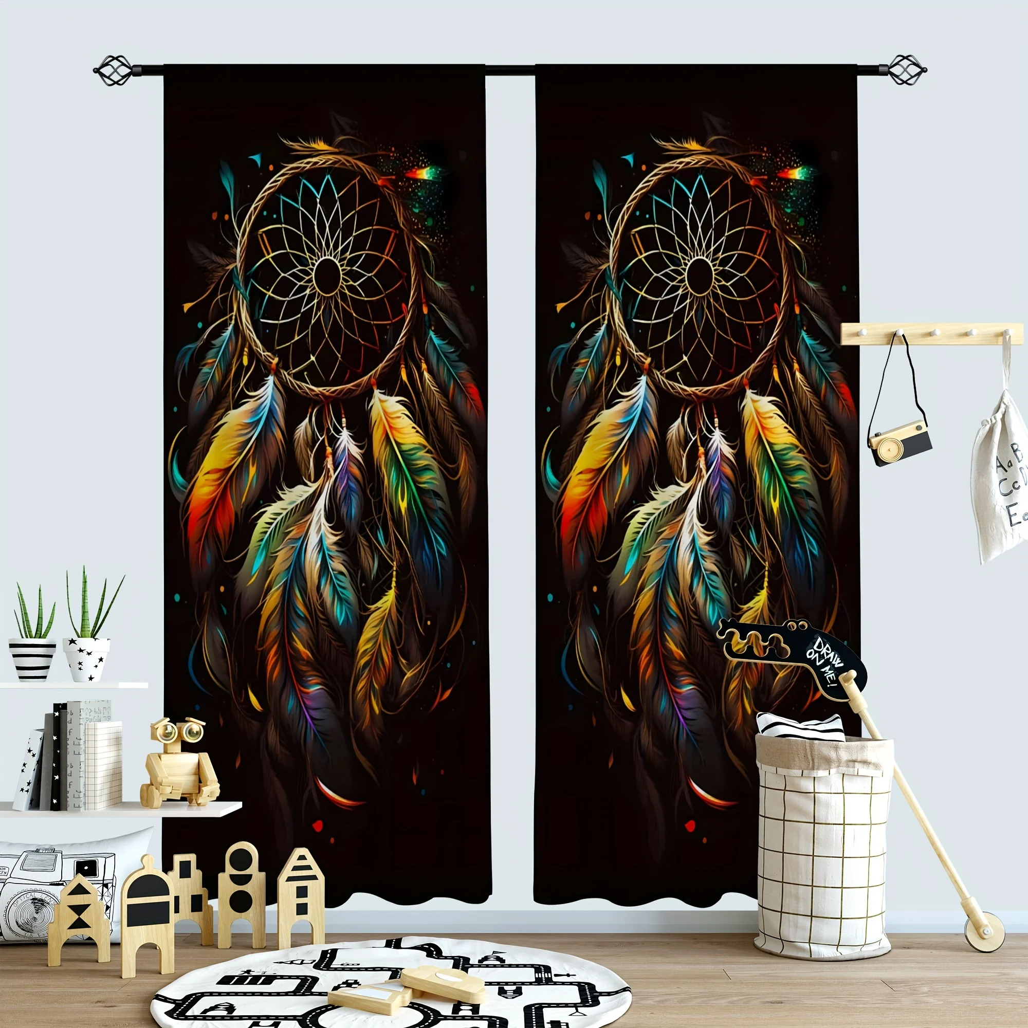 Boho Dreamcatcher Curtains, Colorful Feather Print Blackout Drapes, Ethnic Totem Decor for Living Room Bedroom Window Treatment