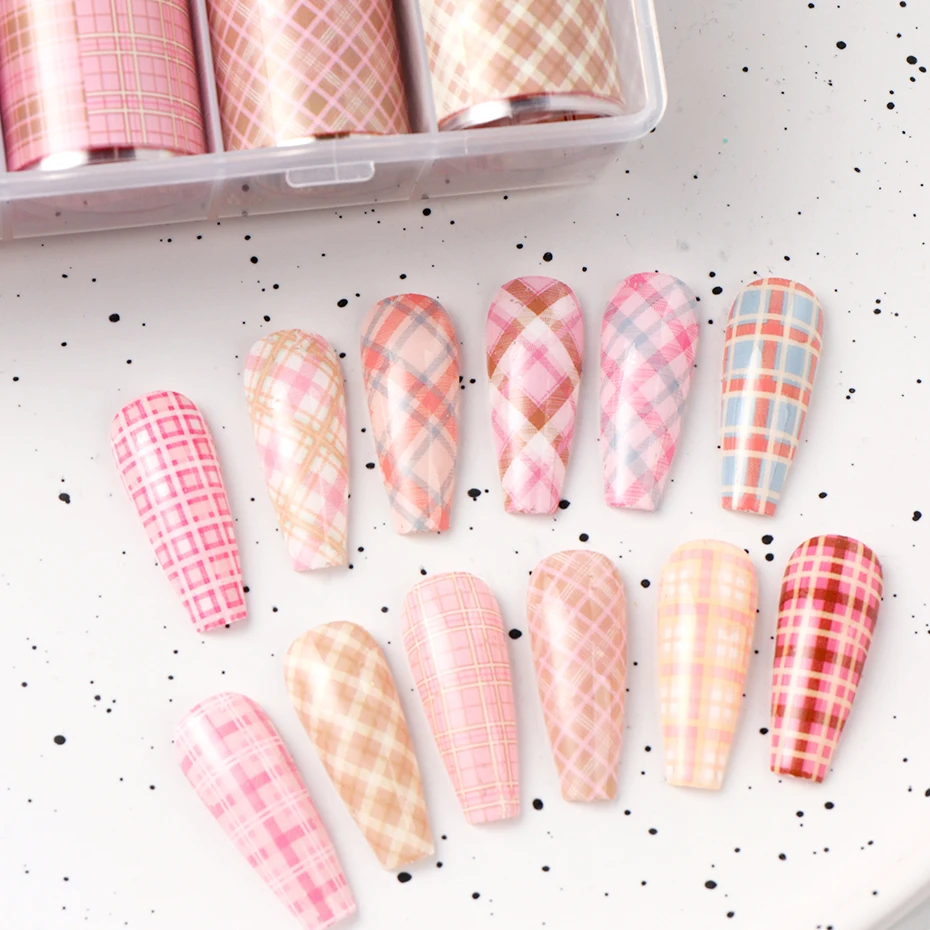 10 pz/scatola Carino Rosa Plaid Unghie Artistiche Lamina di Trasferimento Adesivi Per Unghie Striscia Geometrica Pellicola Lamine Per Unghie Decorazioni Accessori Per Manicure