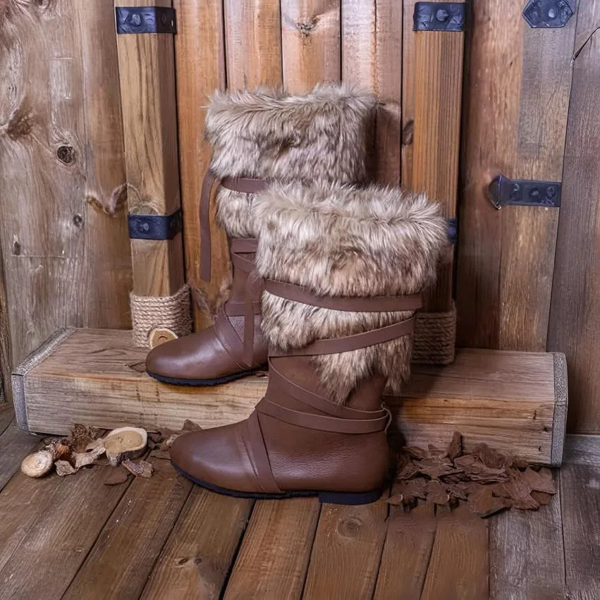 Vintage Mittelalterliche Stiefel mit Pelzbesatz für Herren, Renaissance-Stil, braunes PU-Leder, Wickelstiefel, Cosplay-Schuhe für Halloween-Party. – Detail 5