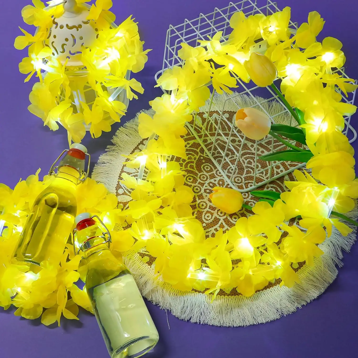 24 قطعة LED الأصفر ليز تضيء هاواي ليس زهرة قلادة الشاطئ الاستوائية كرنفال حفل زفاف لوازم Luau للحفلات التنكرية
