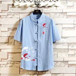 Men's Short Sleeve Linen and Cotton Button Shirt, Chinese Blouse, Male Frog Button, Plus Size, Summer, Casual, M-5XL