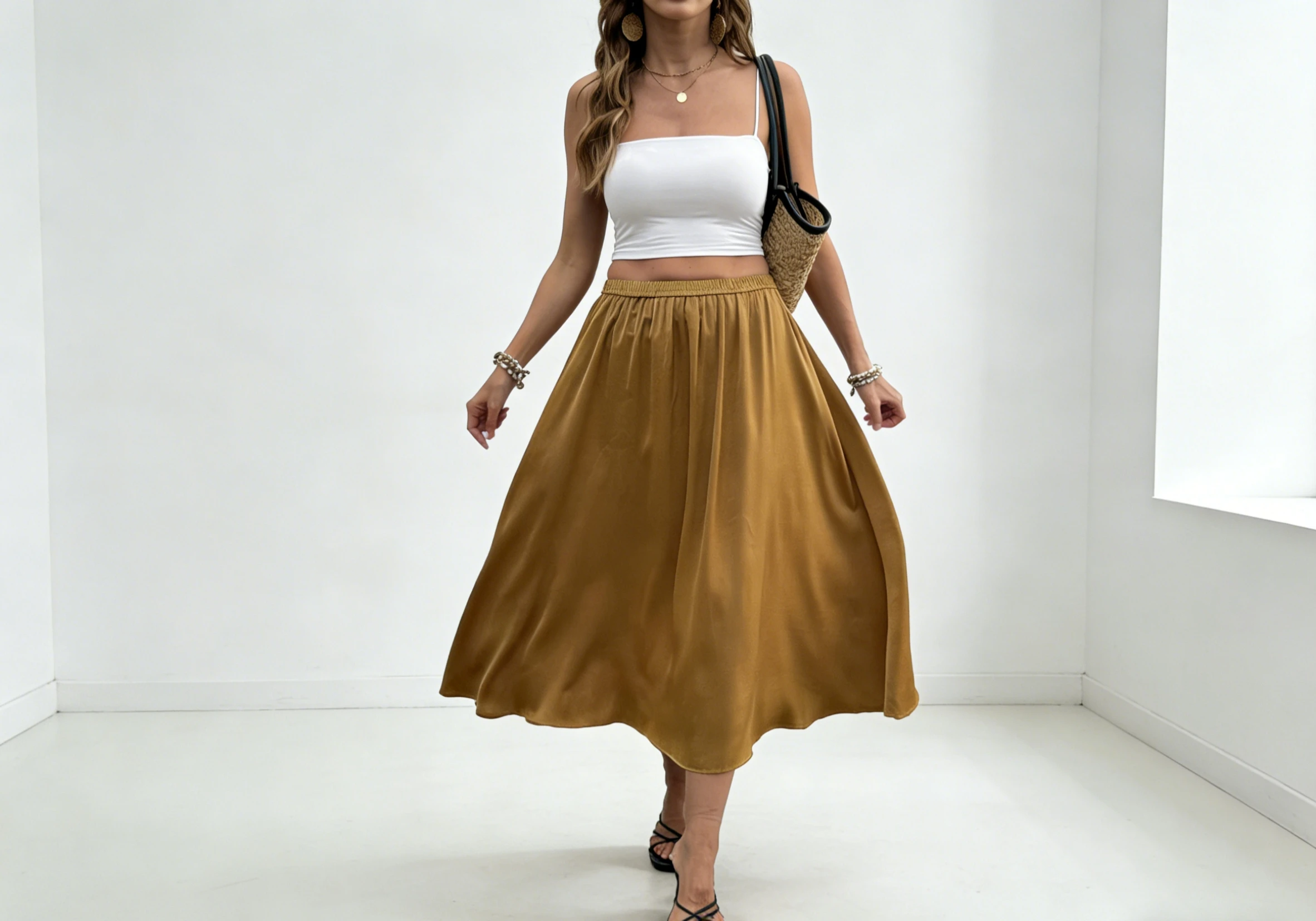 

Женская атласная юбка миди горчично-желтого цвета, элегантная, А-силуэта, с эластичным поясом, идеально подходит для лета