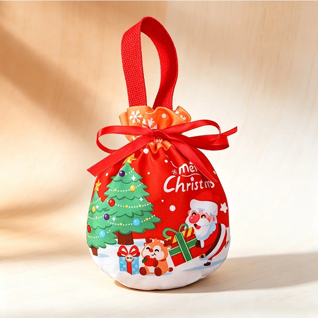 Christmas Fabric Drawstring Gift Bag Portable Handheld Holiday Present Pouch for Apple Candy New Year Party Favors