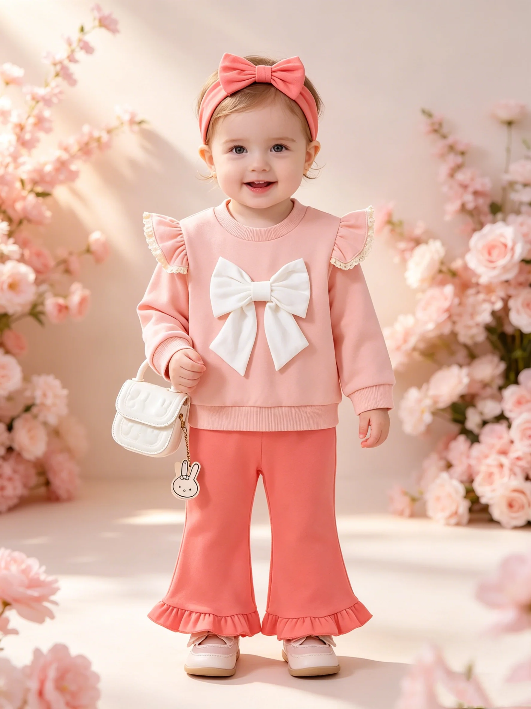 

Sweet Girl Baby Spring Autumn Three-Piece Set Pink Bowknot Fly Sleeve Sweatshirt + Lace Hem Trousers + Matching Bowknot Hairband