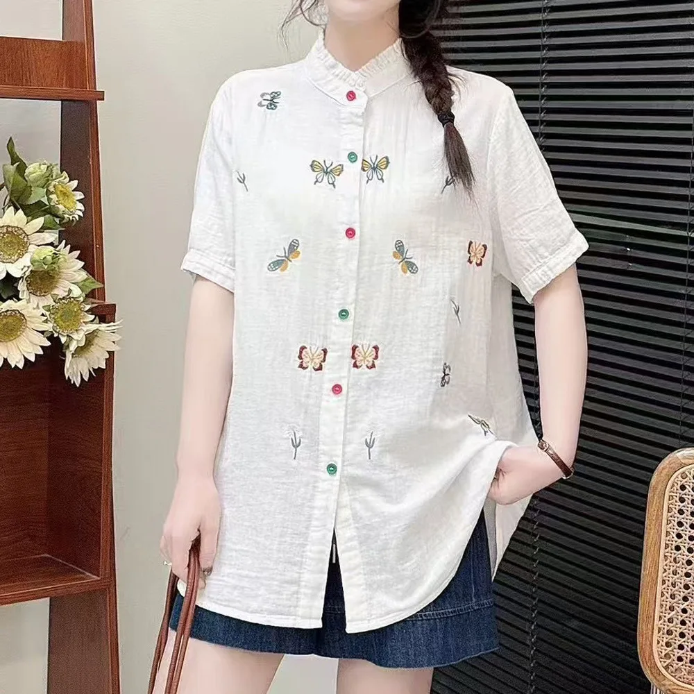 

Women Summer Sweet Mori Girl Butterfly Embroidery Cotton Shirts Japan Style Stand Collar Short Sleeve Casual Loose Blouse Tops