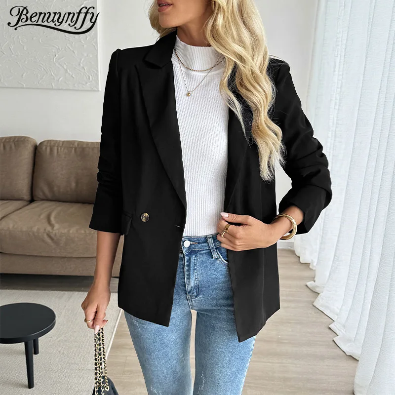 

Benuynffy Black Double Breasted Casual Blazer Women's Autumn 2025 Notched Neck Long Sleeve Elegant Office Ladies Suit Jacket
