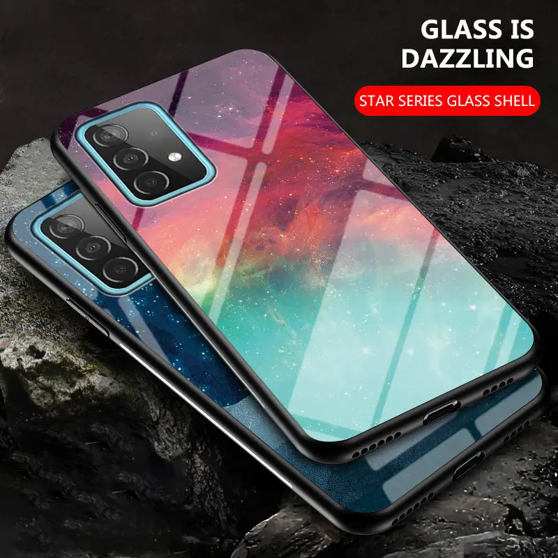 For Samsung Galaxy A52 4G A525F Case Starry Grain Tempered Glass Back Cover Shockproof Phone Case For Samsung A52 5G A526B A526U