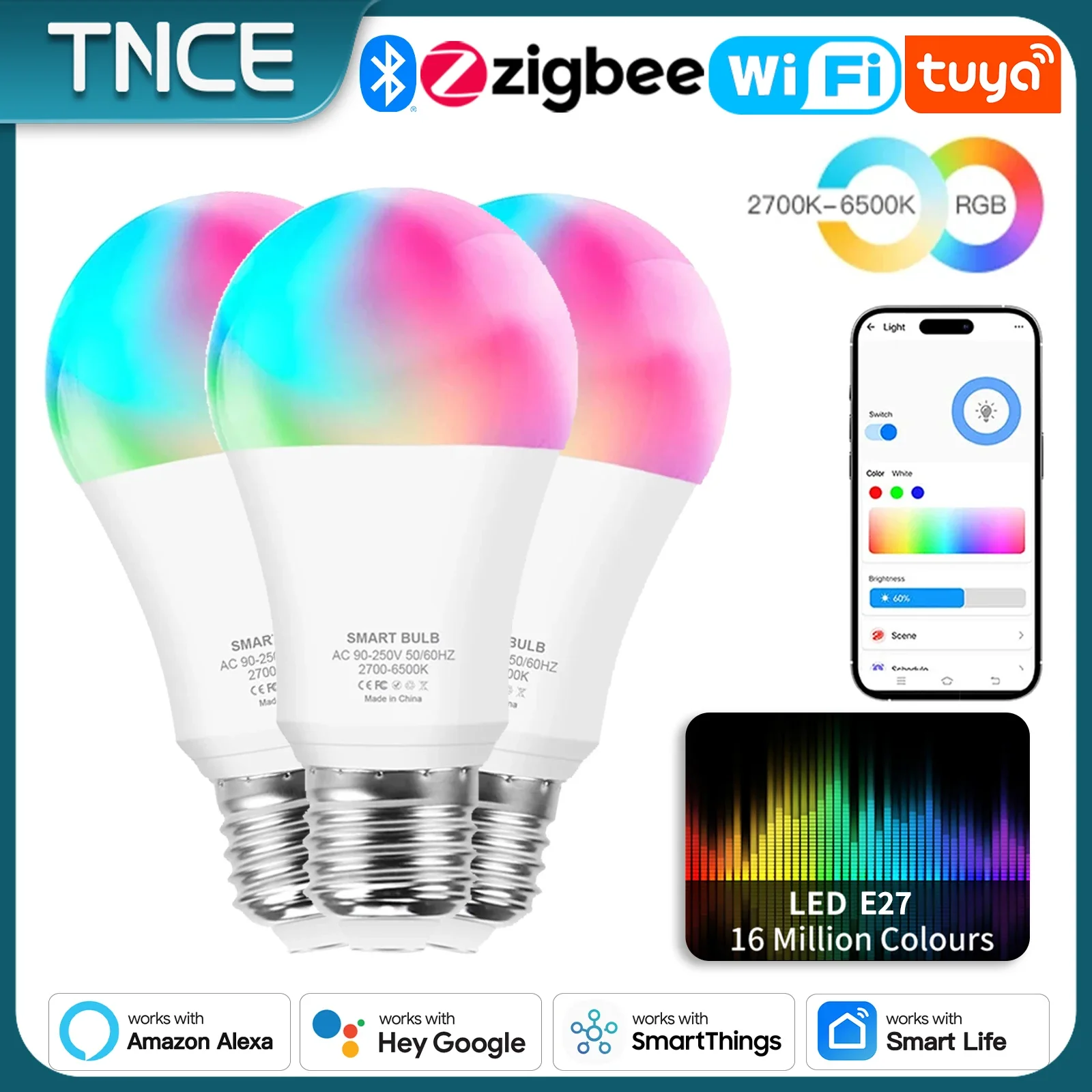 TNCE Tuya E27 Bulb WIFI Zigbee Bluetooth, Dimmable Lights, LED lamp 2700-6500k RGB, Smart Life APP, Voice with Alexa Google Home