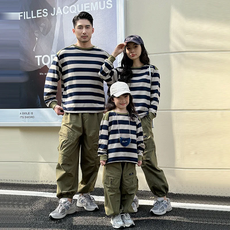 Autumn Family New Matching Set Brothers and Sister Clothes Couple Look Dad Mom Son Long Sleeve Stripe T-shirt Cargo Pants Outfit - Image 2