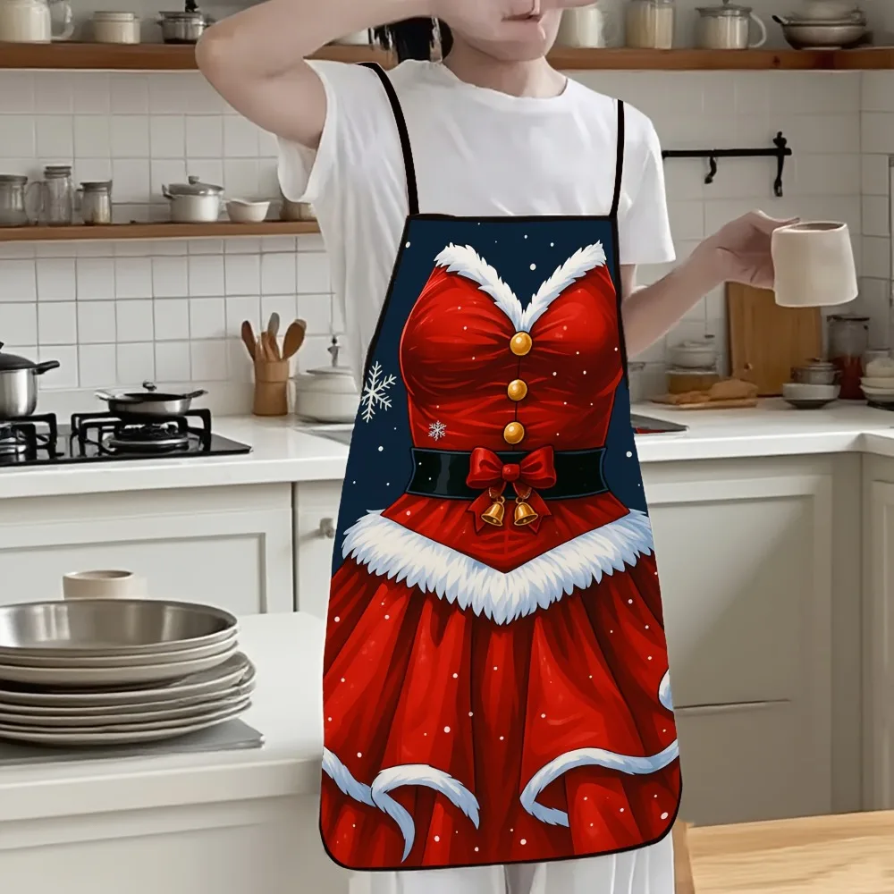 1pc Women's Elegant Christmas Chef Apron - Red & White Ruffled With Golden Buttons Pattern Snowflake & Holly Leaf Trim Adjustabl