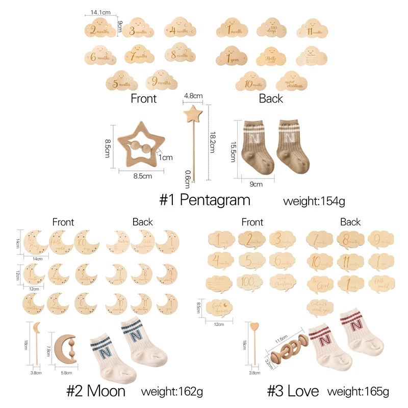 بطاقة معلم الطفل الخشبي لحديثي الولادة شكل سحابة القمر ذكريات الطفل 0-12 شهر معلم بطاقات صبي وفتاة التصوير الدعائم