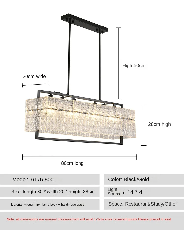 Dining Room Light Luxury Water Grained Glass Chandelier Modern Nordic Art Personality Lamp Rectangular Study Led Pendant Lights