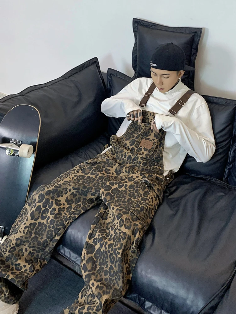 American High Street Leopard Print Overalls Men's Trendy College Style Loose Workwear Harness Straight Leg Pants Women