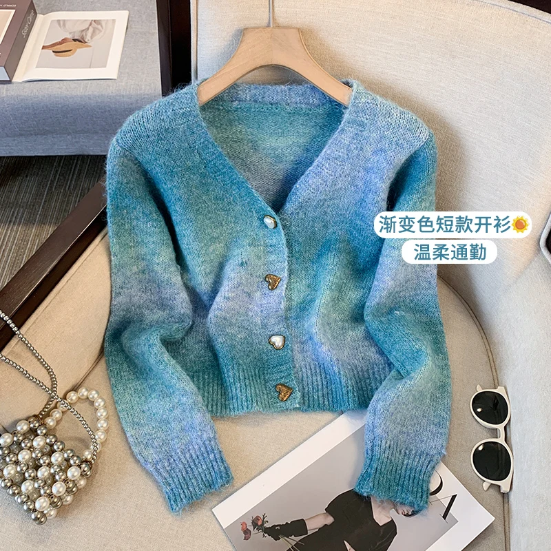 Autumn Winter New V Neck Short Cardigan Female Gradient Sweater Coat Single Breasted Office Ladies Elegant Women Knitted Jacket