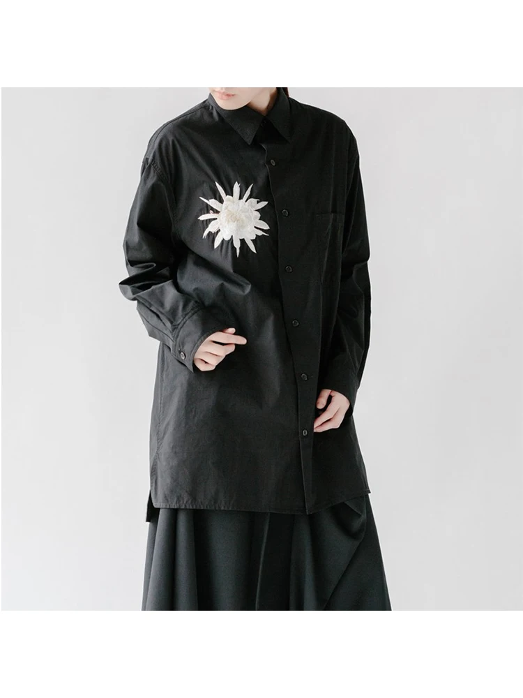 

2024 Black Shirt Unisex Flower Embroidery YAMAMOTO-Style Homme Man Dark Japan Style Men'S Clothing Men