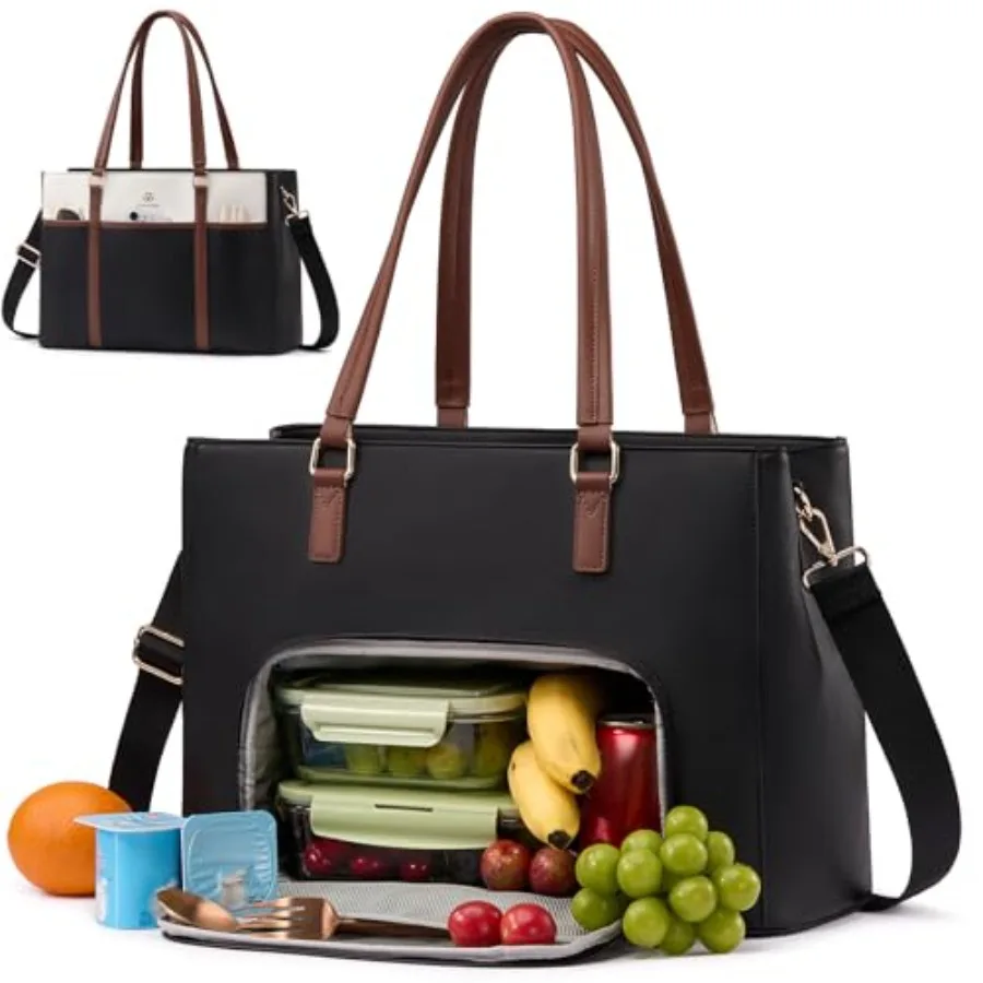 

Lunch Bag for Women Leather Work Laptop Tote Bag with Insulated Lunch Compartment 17.3 Inch 2 in 1 Lunch Tote for Business Teac