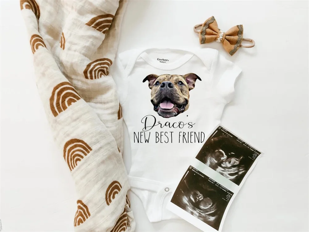 Custom Pet Portrait Baby BodySuit | Custom DOG bodysuit, Baby Shower, Pregnancy Announcement, Baby and Dog, New sibling, My new