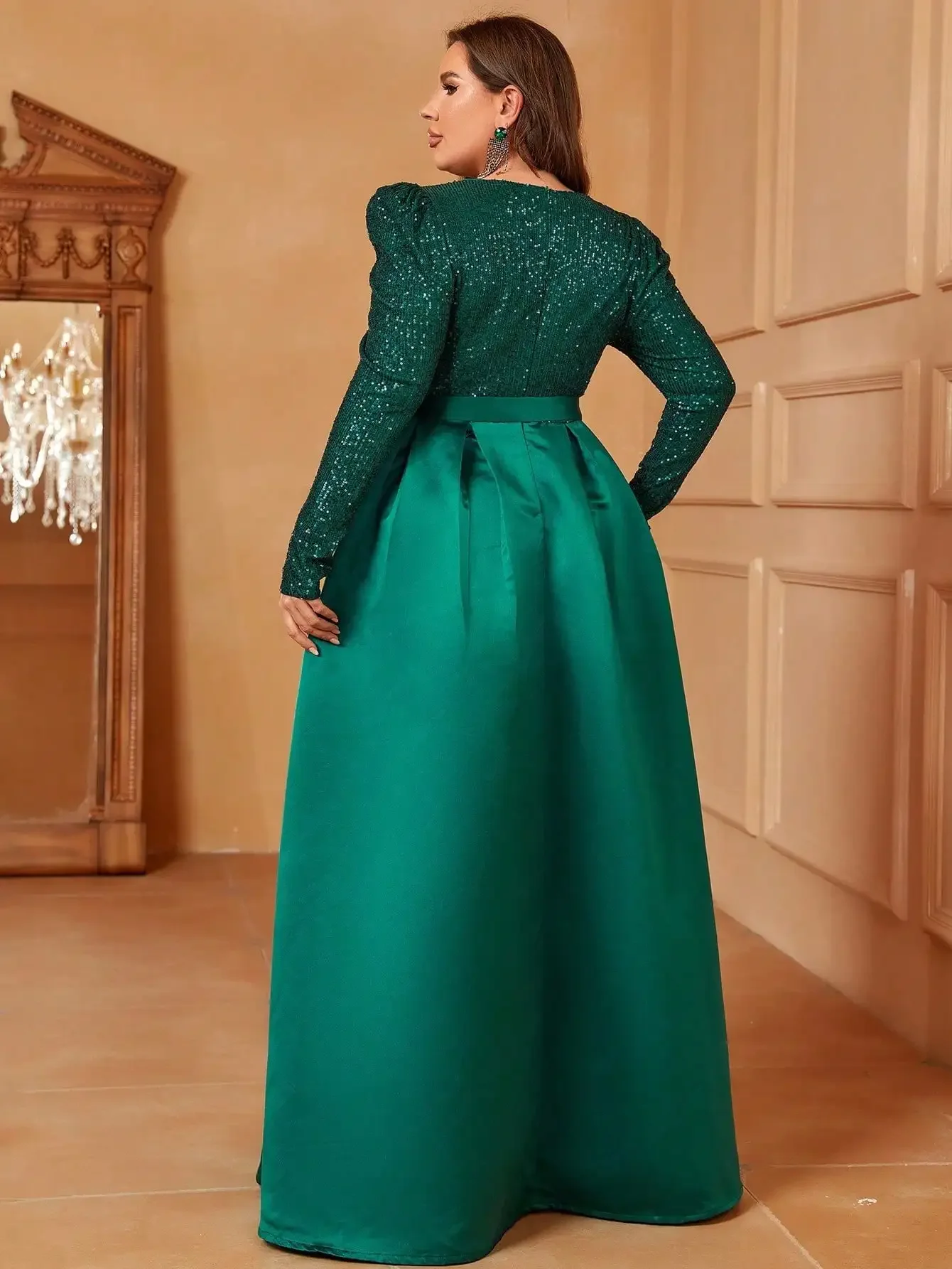 Plus Contrast Sequin Gigot Sleeve Belted Satin Dress