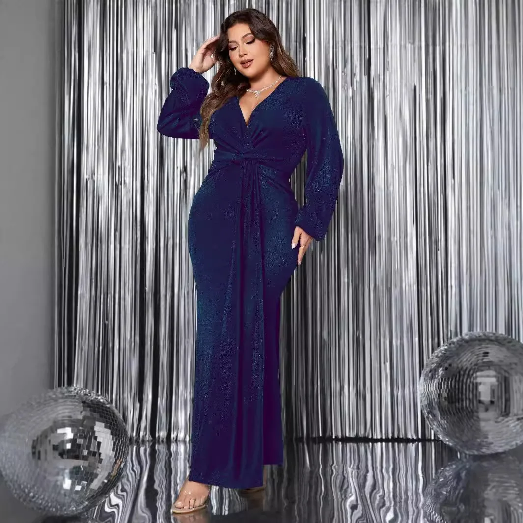 Plus Size Dress V-neck Evening Dress Autumn Winter New Large Long Sleeve Women's Temperament Slimming Evening Party Dress