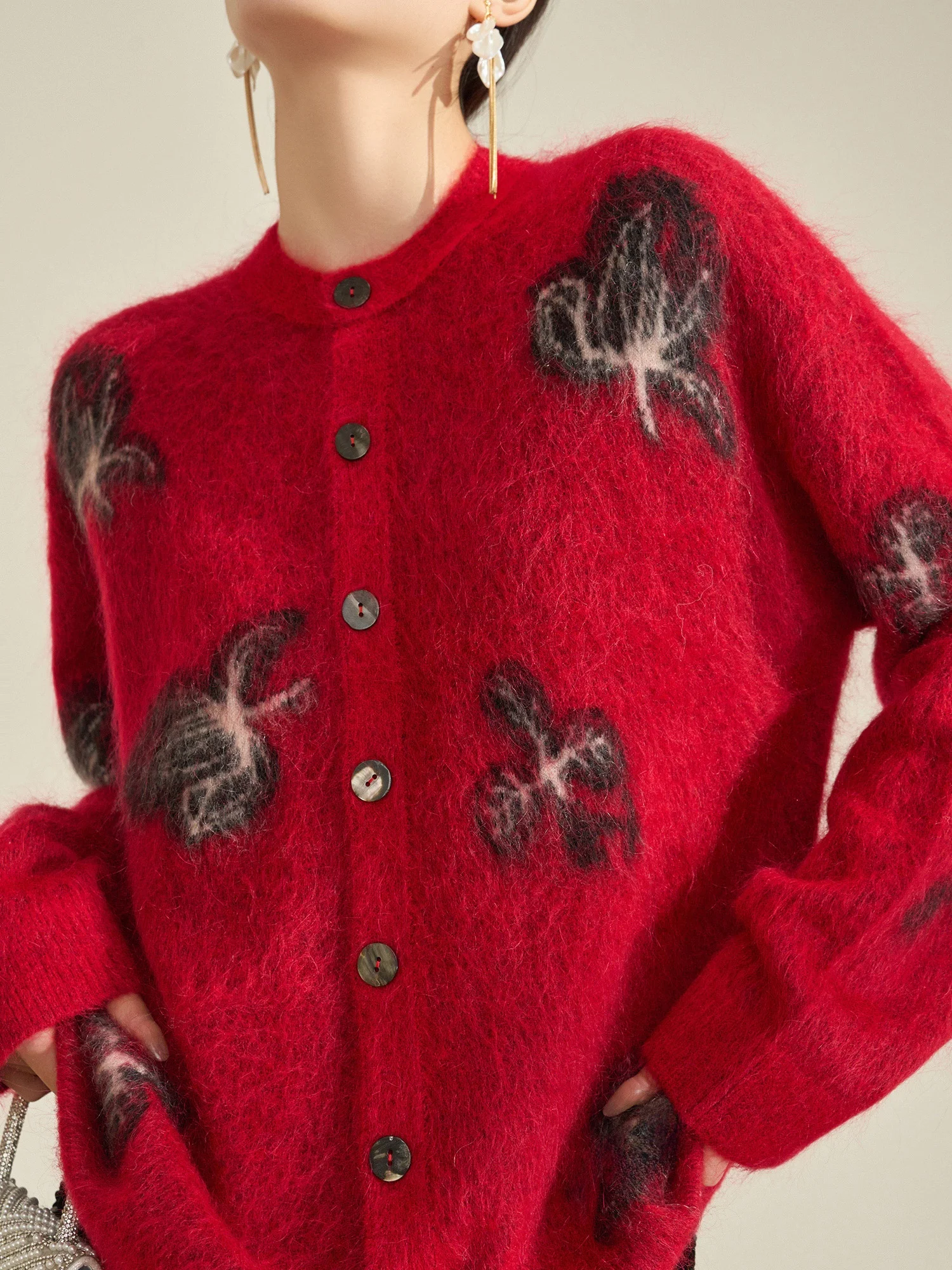 

Flowing Era Women's Open Cardigan Sweater Iris Embroidery Loose Fit Red Color Spring Year New Clothes Comfortable Long Sve