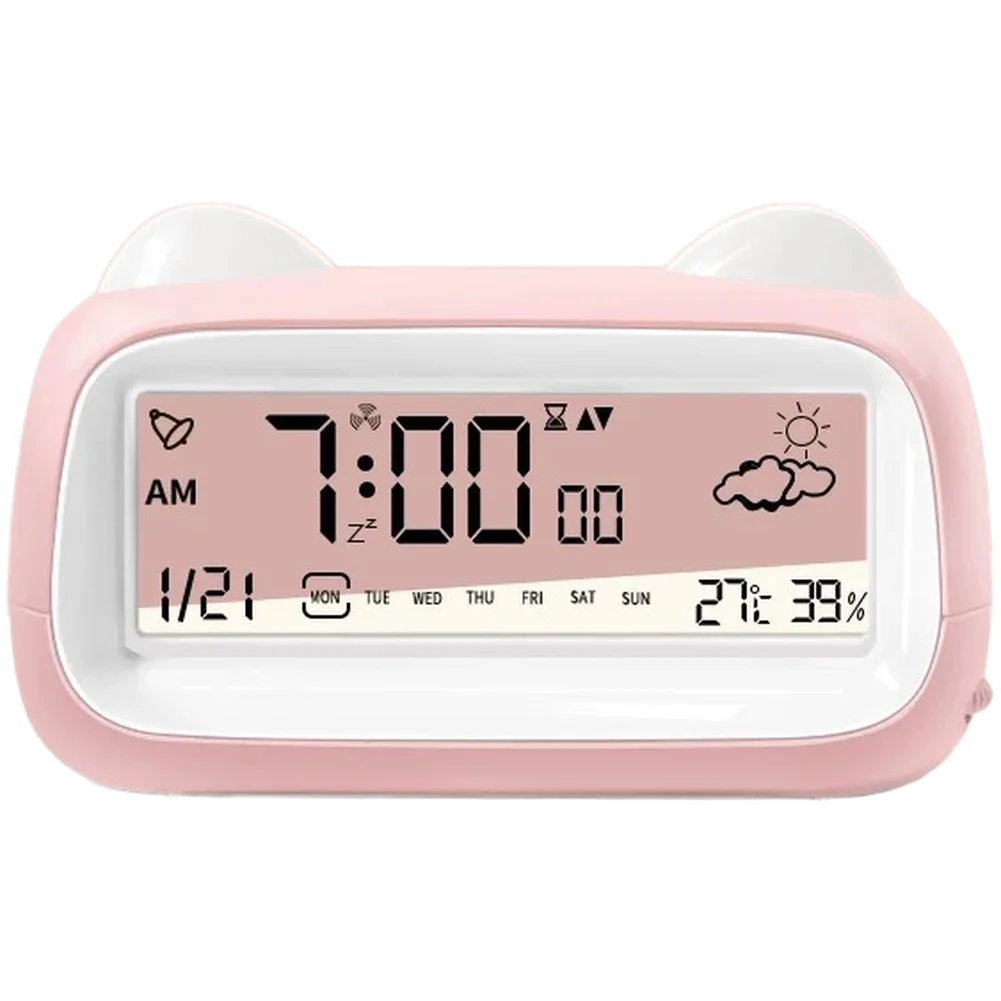 Digital Alarm Clock Transparent LCD Display with Calendar Timer Temperature Humidity Monitor USB Rechargeable for Desk Use