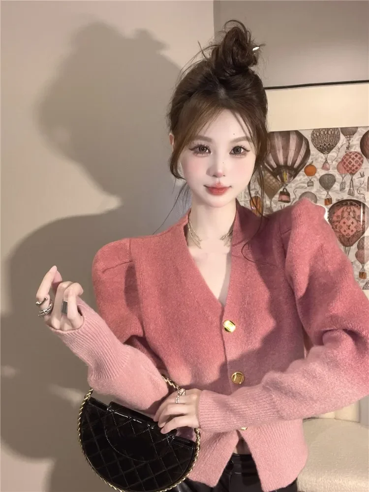 Ezgaga Cropped Cardigan Women Vintage Gradient Autumn Winter Sweet French Style Chic V Neck Knitted Sweater Female Tops