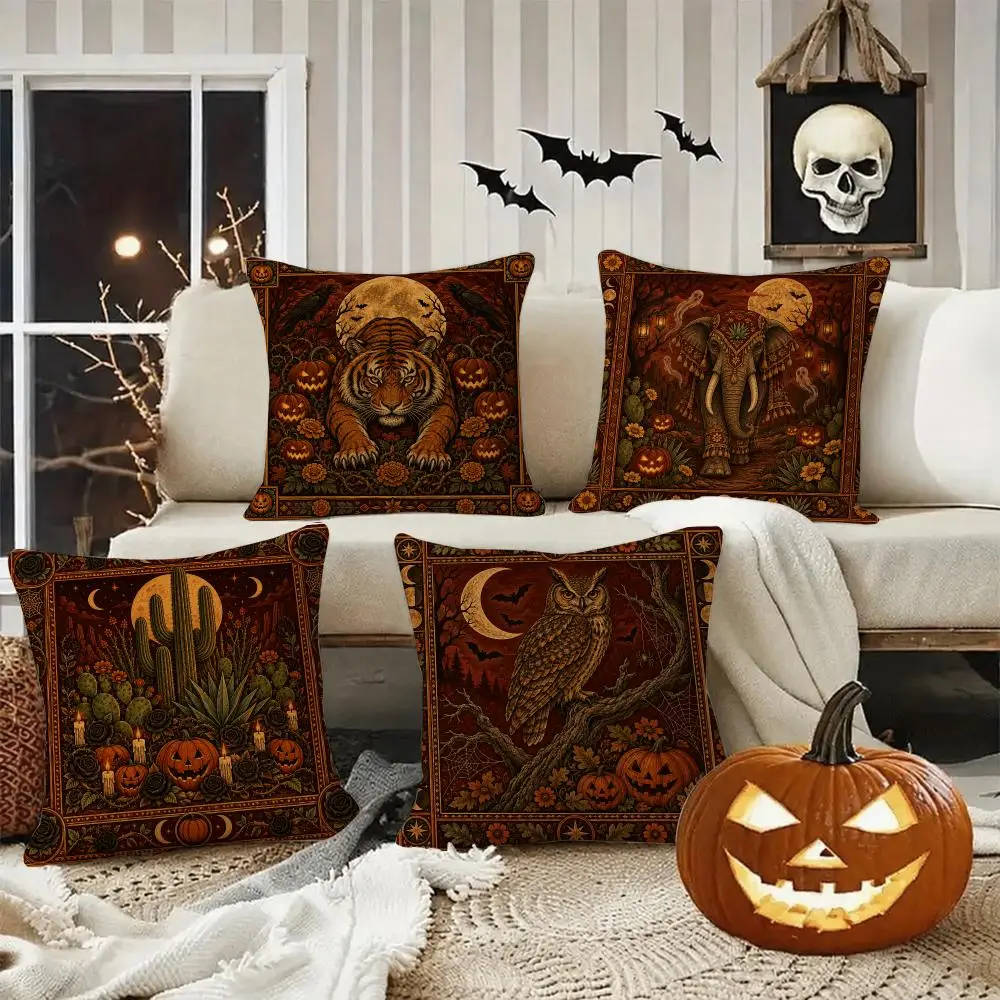 Vintage Forest Halloween Gift Cushion Cover Halloween Rustic Throw Pillow Covers, Cute Ghost Pumpkin Maple Leaf Cushion Covers