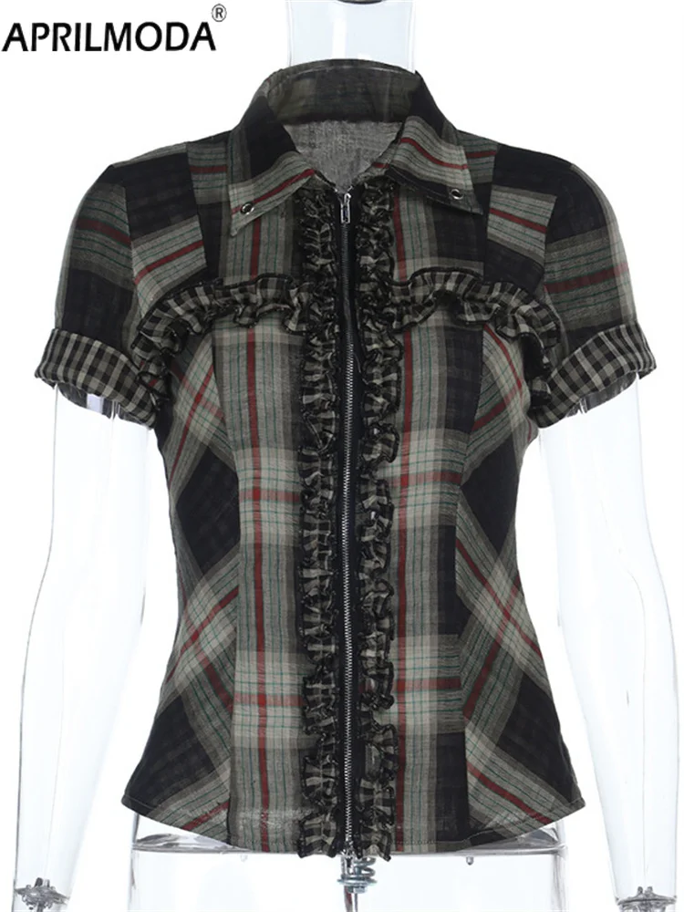 

Subculture Vintage Y2k Gothic Plaid Print Shirt Women Streetwear Harajuku Grunge 2000s Emo Short Sleeve Ruffle Patchwork Shirts