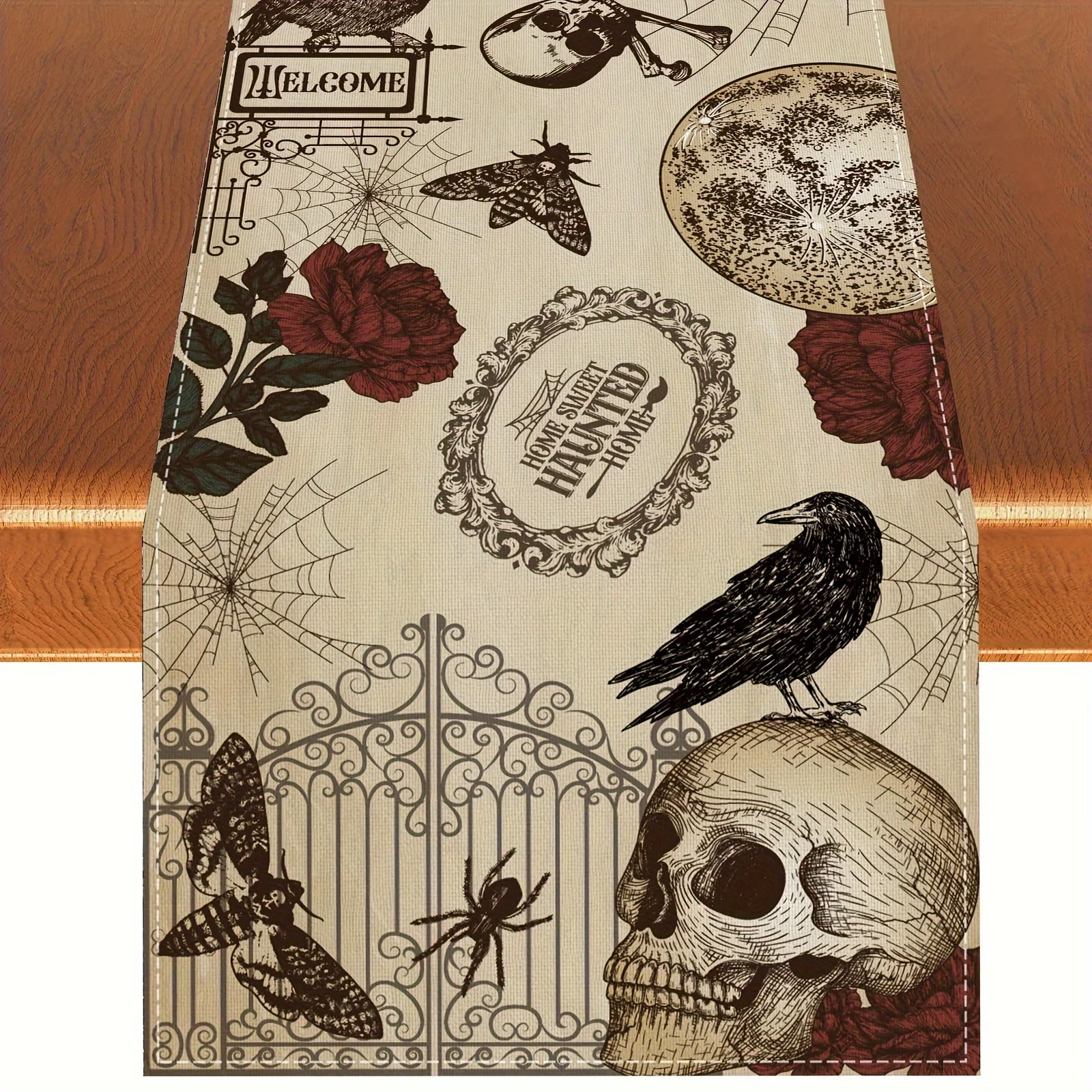 Halloween Gothic Skull Rose Linen Table Runners Mexico Day of The Dead Festivals Party Decor Reusable Kitchen Dining Table Decor