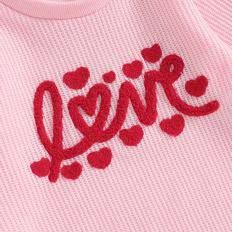 Baby Girl Sweaters Romper Letter Heart Embroidered Long Sleeve Round Neck Ribbed Valentine's Day Jumpsuits