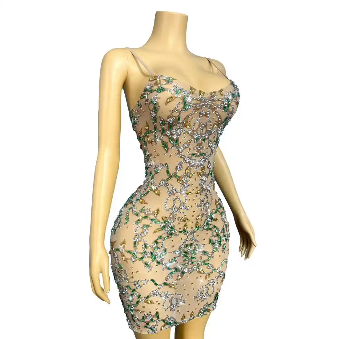 Damski seksowny strój wieczorowy, błyszczące dżety, dopasowana sukienka na ramiączkach z siateczki, na urodziny, koktajl, imprezę urodzinową, kostium.