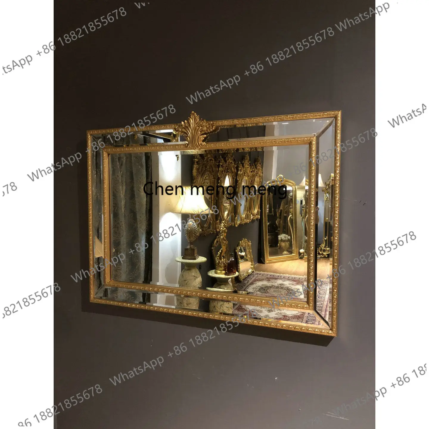 Square solid wood carved French light luxury bathroom makeup mirror vintage fireplace entrance mirror wall hanging mirror