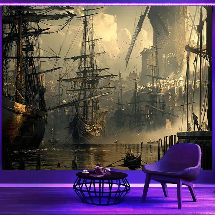 1PC Vintage Sailboat Harbor Print Backdrop Banner, Bedroom Living Room Photo Background, Polyester, Home Decor, Wall Art