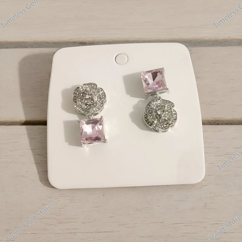 

French Style Camellia Earrings For Women 2026 New Square Rhinestone Pink Pendant Asymmetrical Elegant Jewelry