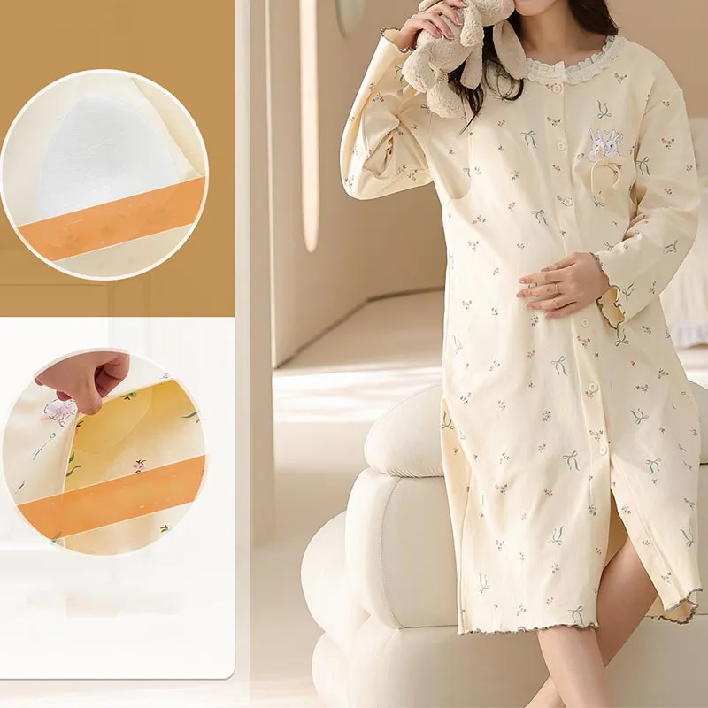 Maternity Spring and Summer House Nursing Dresses Cotton With Chest Pad Maternity Nightgown Sleepwear for Breastfeeding