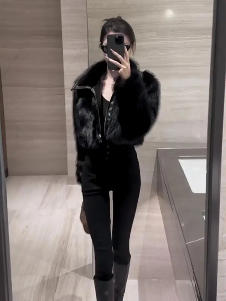 High Waist Zipper Long Sleeve  Fur Trimmed Denim Skinny Jeans Jacket Women's Fashion Autumn Winter Thickened Korean Style