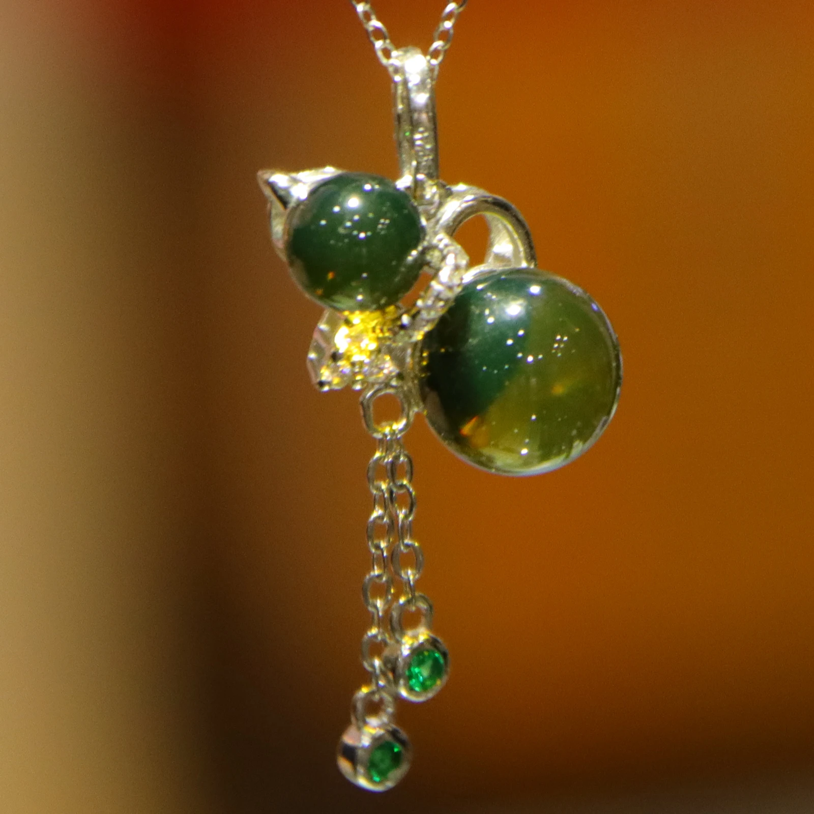 

Solid Sterling Silver with Natural Mexican Blue Amber 3D Gourd Pendant 6mm and 9mm Amber Beads Included Pure Silver Necklace