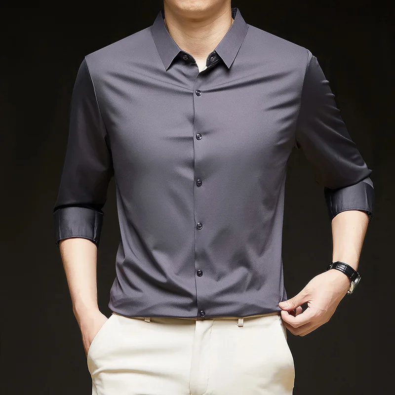 

Fashionable Casual Long Sleeve Men's Shirt Ice Silk Trace Pure Color Autumn New Style Yang Jing Brand Polyester Fiber