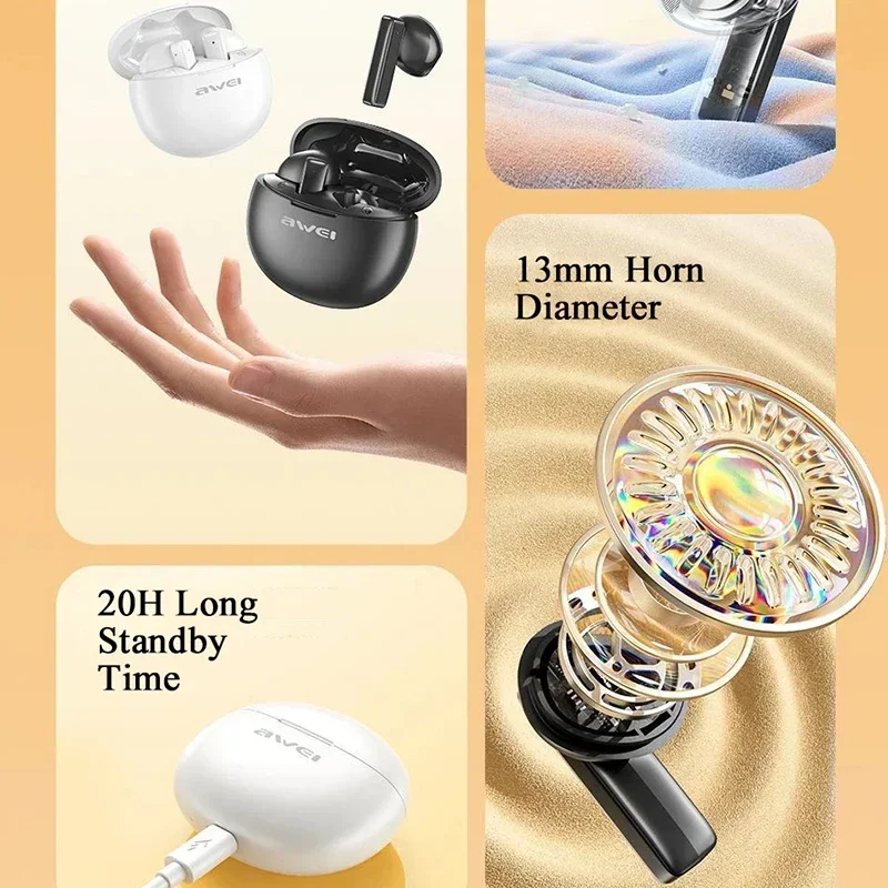 Awei T87 Earphone Bluetooth 5.3 Earbuds Wireless Bluetooth Earphones Touch Control Stereo Headset Waterproof Sport Headphones