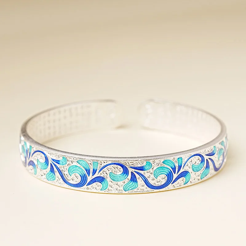 Retro Gloss silver 925 Heart Sutra Bracelet for women Blue Green Enamel Roll Grass Pattern bangles Open Jewelry Gift